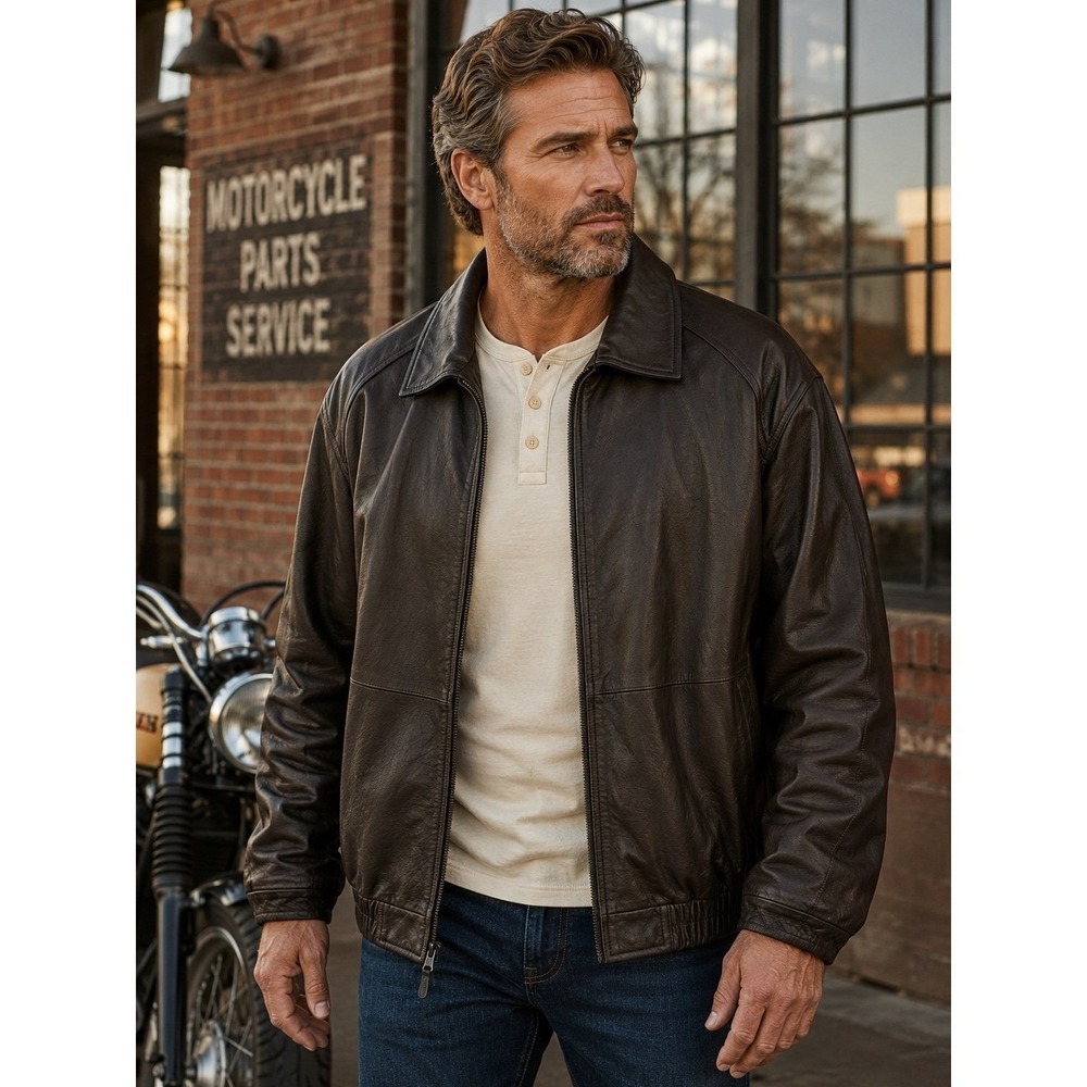 St. John's Bay Genuine Leather Bomber Jacket‎ Brown 2XLTallQuiltedLined Full zip